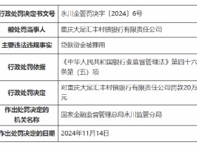 重庆大足汇丰村镇银行被罚20万元：因贷款资金被挪用