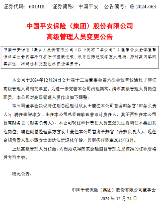 中国平安：副总经理付欣兼任首席财务官、副总经理蔡方方兼任首席合规官、张智淳任总助兼审计责任人