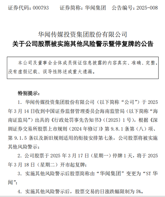 中青宝、华闻集团均公告称，将被实施其他风险警示